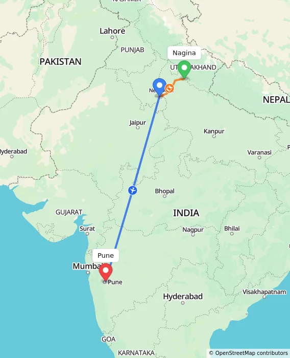 Route map showing distance and travel time from Nagina, India to Pune, India