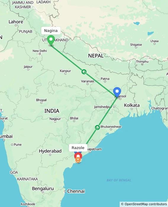Route map showing distance and travel time from Nagina, India to Razole, India