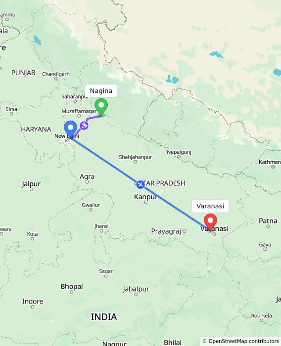 Route map showing distance and travel time from Nagina, India to Varanasi, India