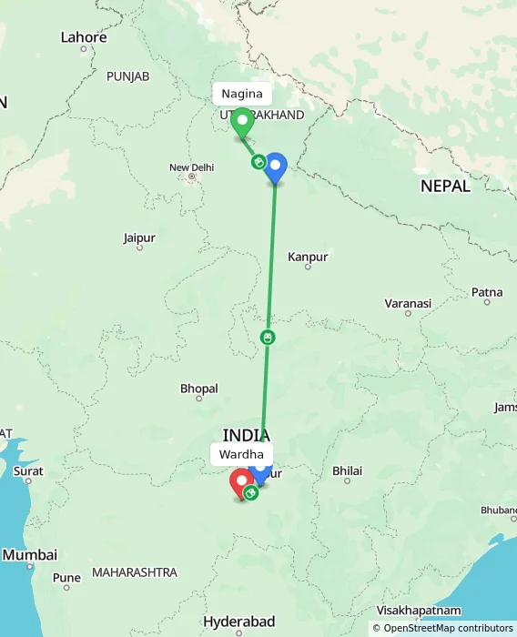 Route map showing distance and travel time from Nagina, India to Wardha, India