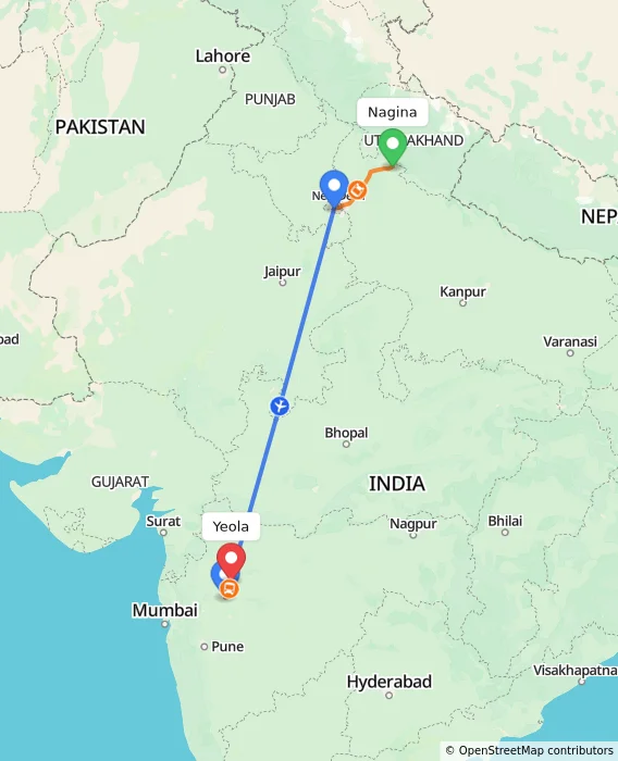 Route map showing distance and travel time from Nagina, India to Yeola, India
