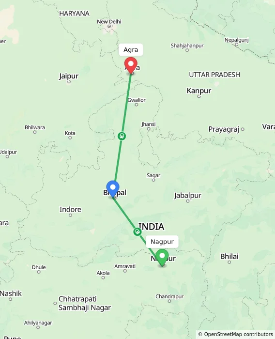 Route map showing distance and travel time from Nagpur, India to Agra, India