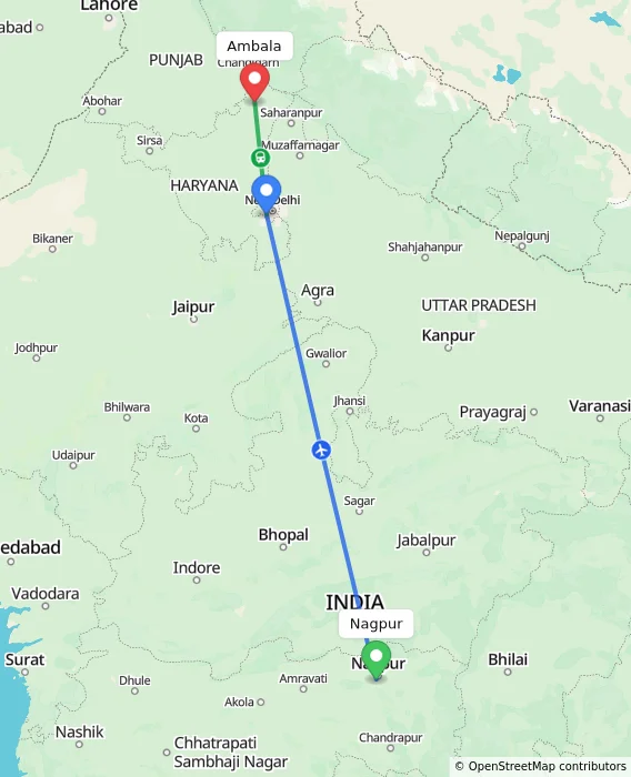 Route map showing distance and travel time from Nagpur, India to Ambala, India
