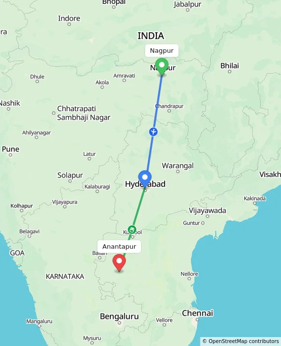 Route map showing distance and travel time from Nagpur, India to Anantapur, India