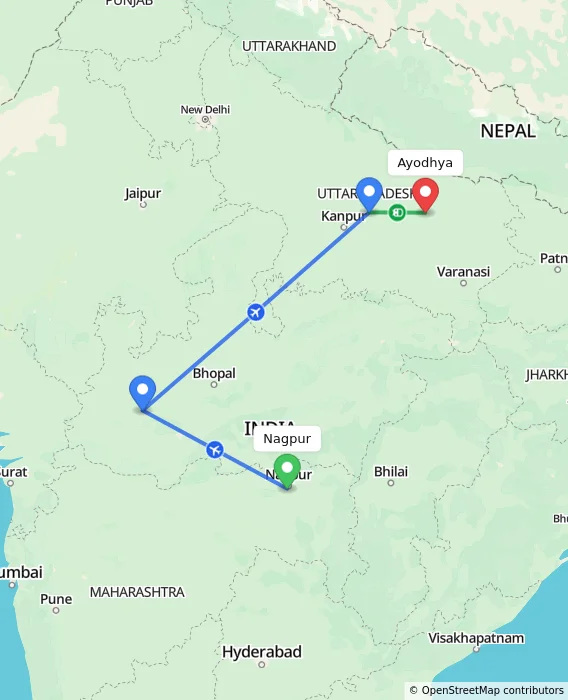 Route map showing distance and travel time from Nagpur, India to Ayodhya, India
