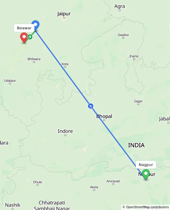 Route map showing distance and travel time from Nagpur, India to Beawar, India