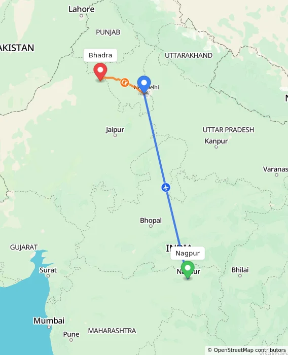 Route map showing distance and travel time from Nagpur, India to Bhadra, India