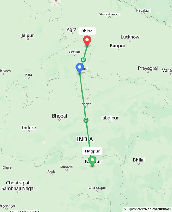 Route map showing distance and travel time from Nagpur, India to Bhind, India