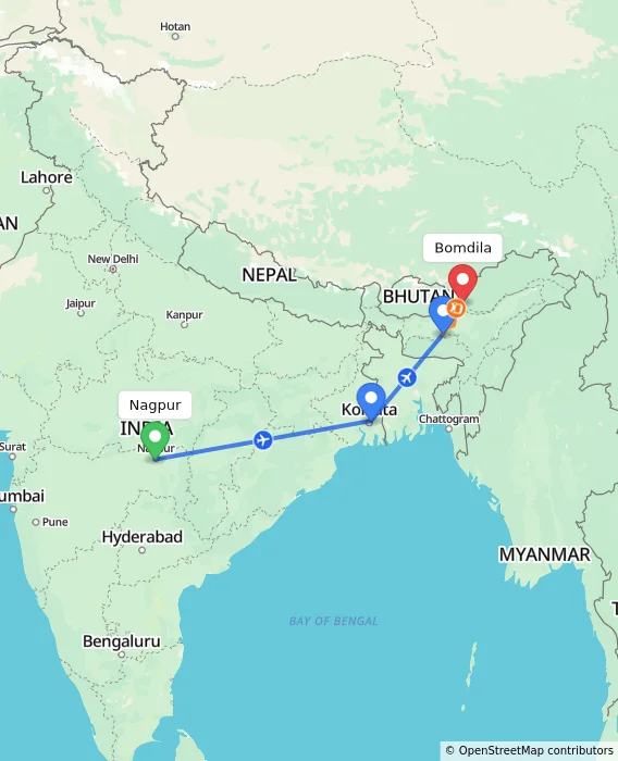 Route map showing distance and travel time from Nagpur, India to Bomdila, India