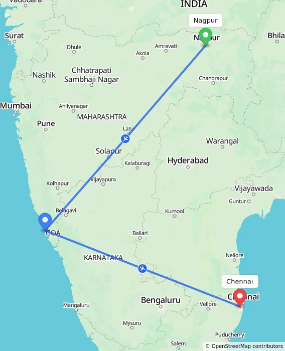 Route map showing distance and travel time from Nagpur, India to Chennai, India