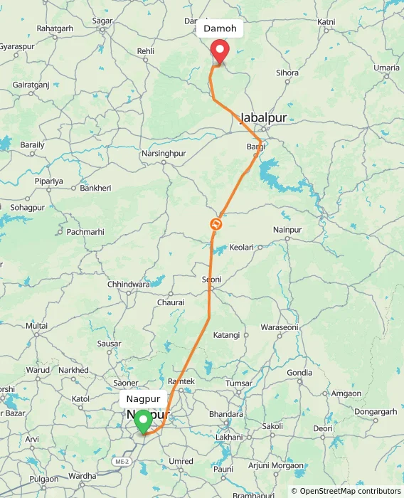Route map showing distance and travel time from Nagpur, India to Damoh, India