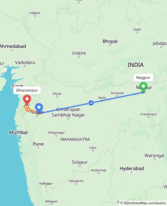 Route map showing distance and travel time from Nagpur, India to Dharampur, India