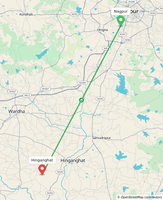 Route map showing distance and travel time from Nagpur, India to Hinganghat, India