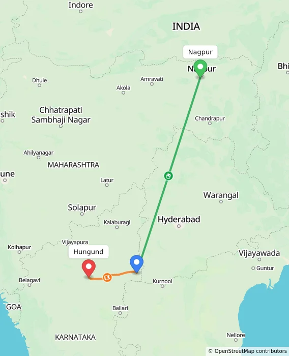 Route map showing distance and travel time from Nagpur, India to Hungund, India