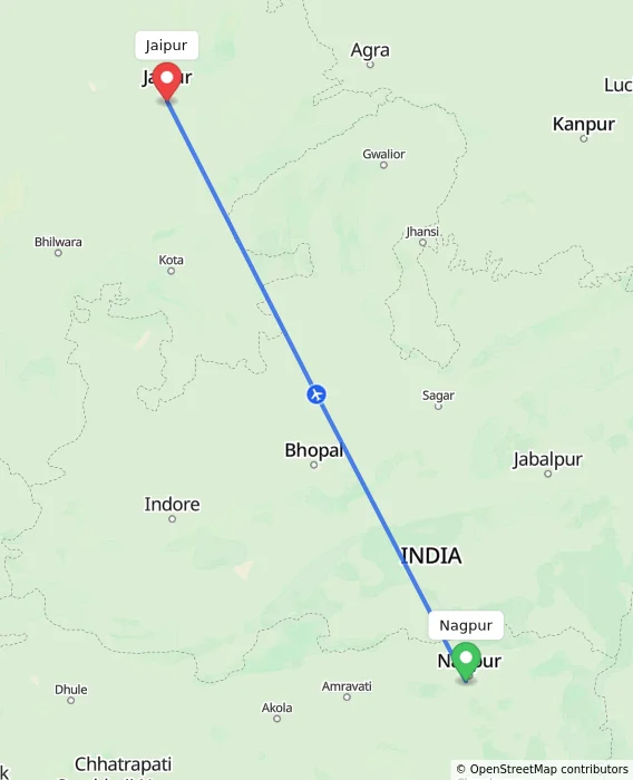 Route map showing distance and travel time from Nagpur, India to Jaipur, India