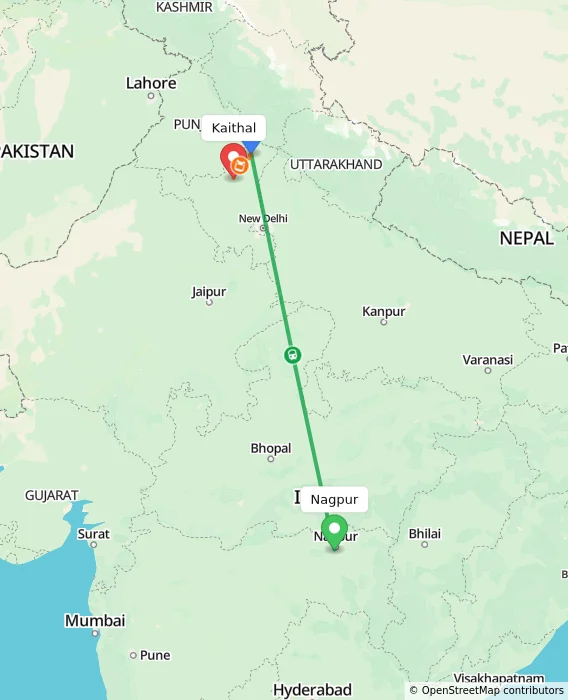 Route map showing distance and travel time from Nagpur, India to Kaithal, India