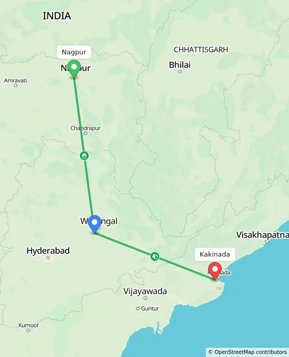 Route map showing distance and travel time from Nagpur, India to Kakinada, India