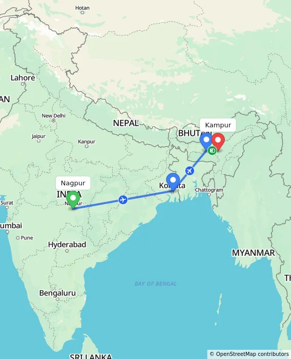 Route map showing distance and travel time from Nagpur, India to Kampur, India