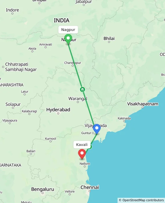 Route map showing distance and travel time from Nagpur, India to Kavali, India