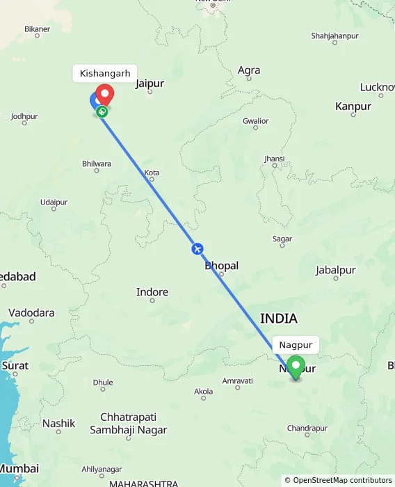Route map showing distance and travel time from Nagpur, India to Kishangarh, India