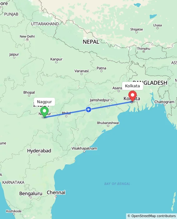 Route map showing distance and travel time from Nagpur, India to Kolkata, India