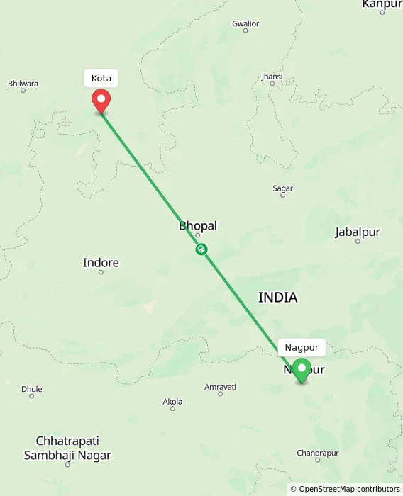Route map showing distance and travel time from Nagpur, India to Kota, India