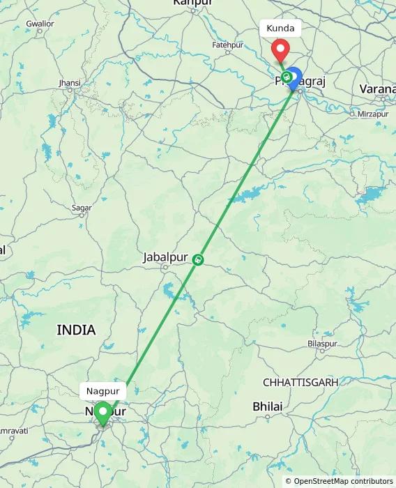 Route map showing distance and travel time from Nagpur, India to Kunda, India