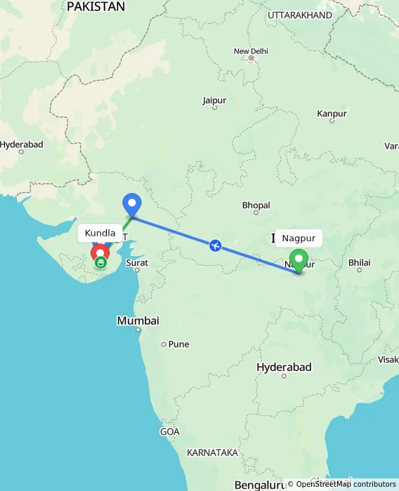Route map showing distance and travel time from Nagpur, India to Kundla, India