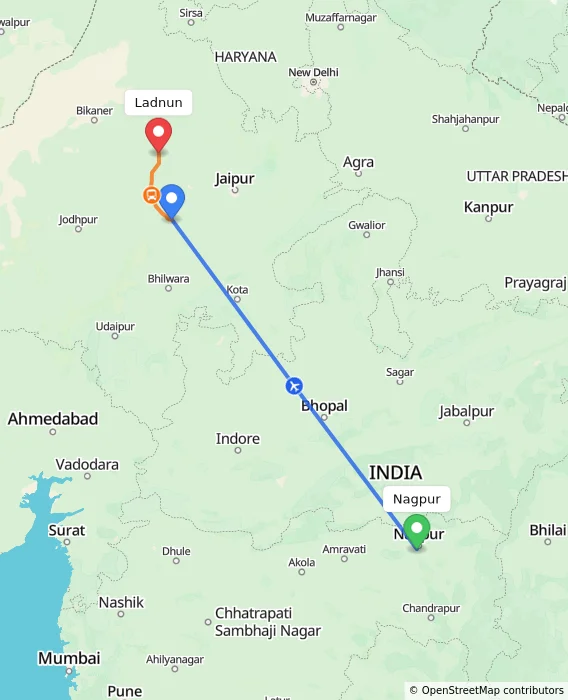Route map showing distance and travel time from Nagpur, India to Ladnun, India