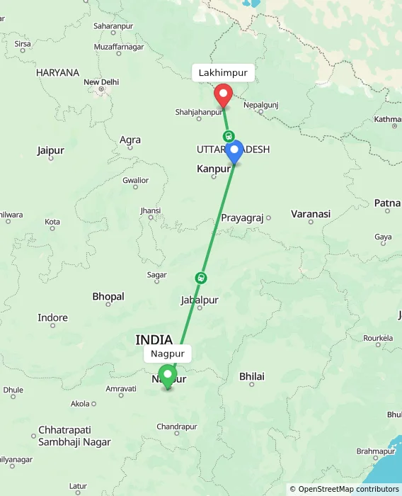Route map showing distance and travel time from Nagpur, India to Lakhimpur, India