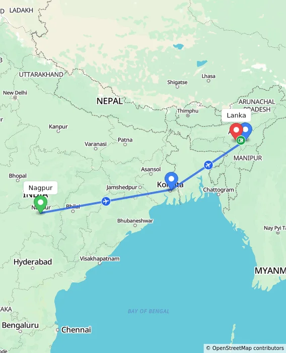 Route map showing distance and travel time from Nagpur, India to Lanka, India