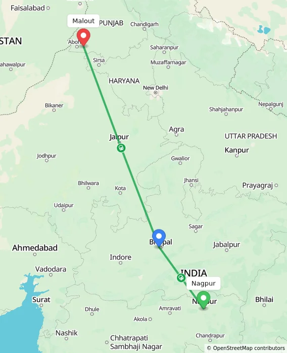 Route map showing distance and travel time from Nagpur, India to Malout, India