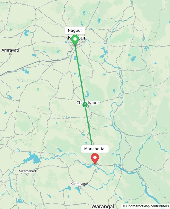Route map showing distance and travel time from Nagpur, India to Mancherial, India