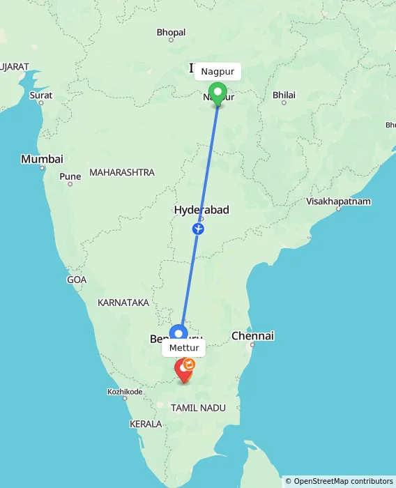 Route map showing distance and travel time from Nagpur, India to Mettur, India