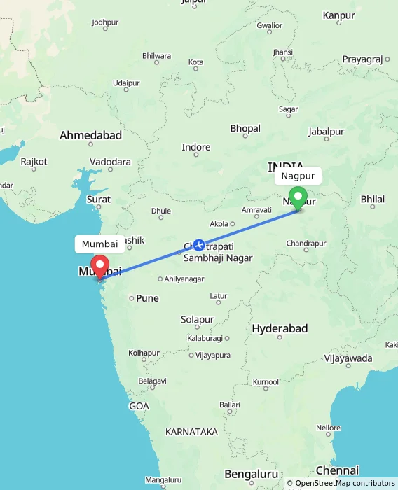 Route map showing distance and travel time from Nagpur, India to Mumbai, India