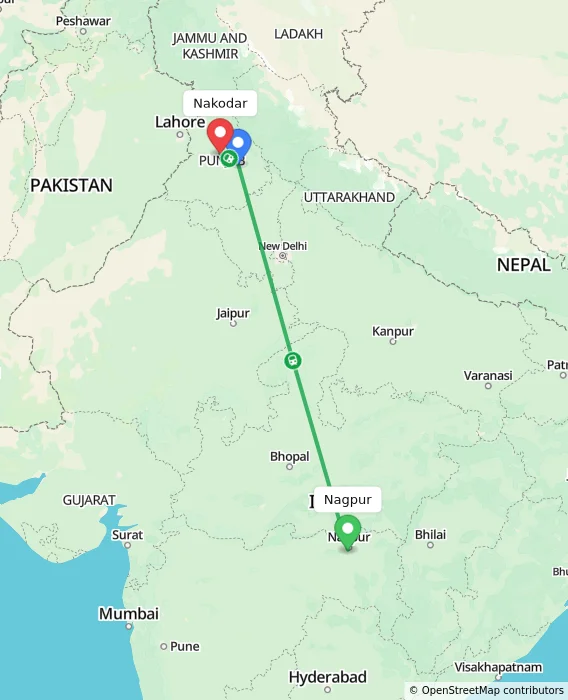 Route map showing distance and travel time from Nagpur, India to Nakodar, India