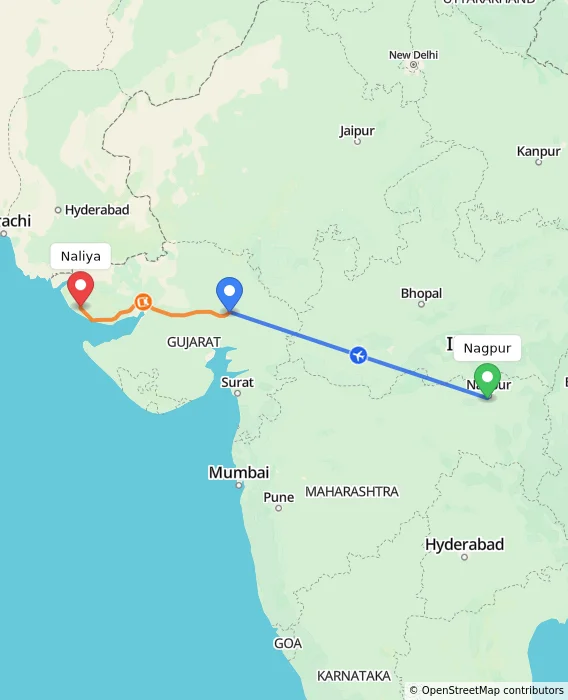 Route map showing distance and travel time from Nagpur, India to Naliya, India