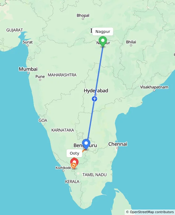 Route map showing distance and travel time from Nagpur, India to Ooty, India
