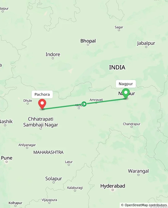 Route map showing distance and travel time from Nagpur, India to Pachora, India