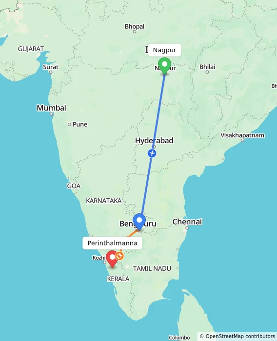 Route map showing distance and travel time from Nagpur, India to Perinthalmanna, India