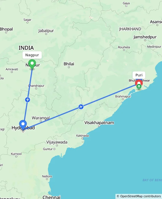 Route map showing distance and travel time from Nagpur, India to Puri, India
