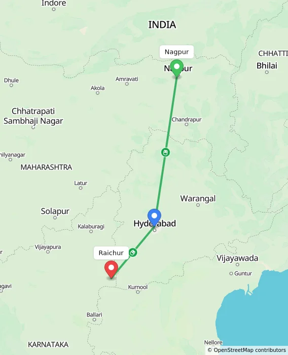 Route map showing distance and travel time from Nagpur, India to Raichur, India
