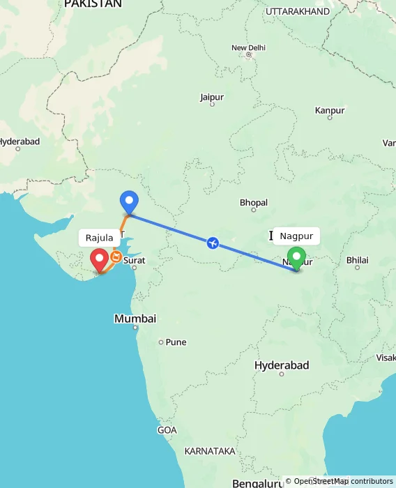 Route map showing distance and travel time from Nagpur, India to Rajula, India