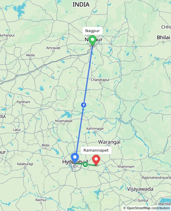Route map showing distance and travel time from Nagpur, India to Ramannapet, India