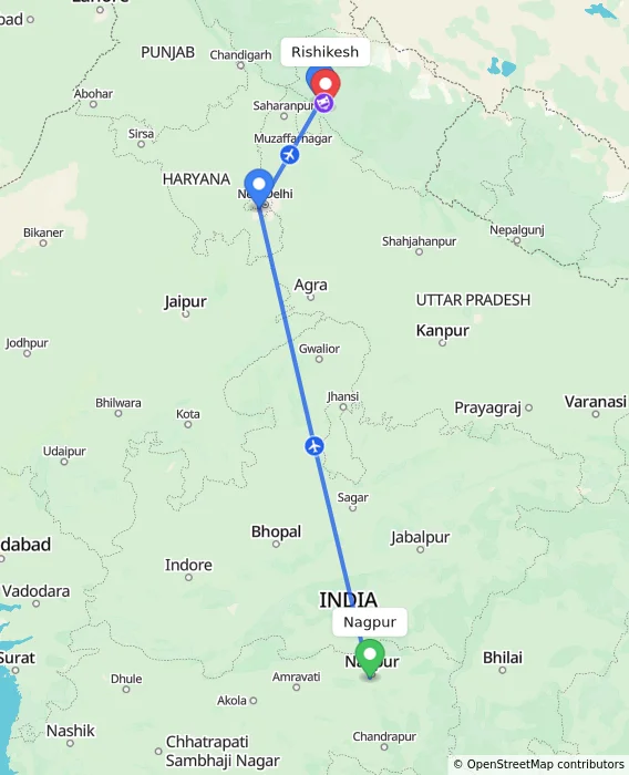 Route map showing distance and travel time from Nagpur, India to Rishikesh, India
