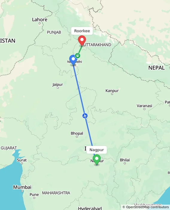 Route map showing distance and travel time from Nagpur, India to Roorkee, India