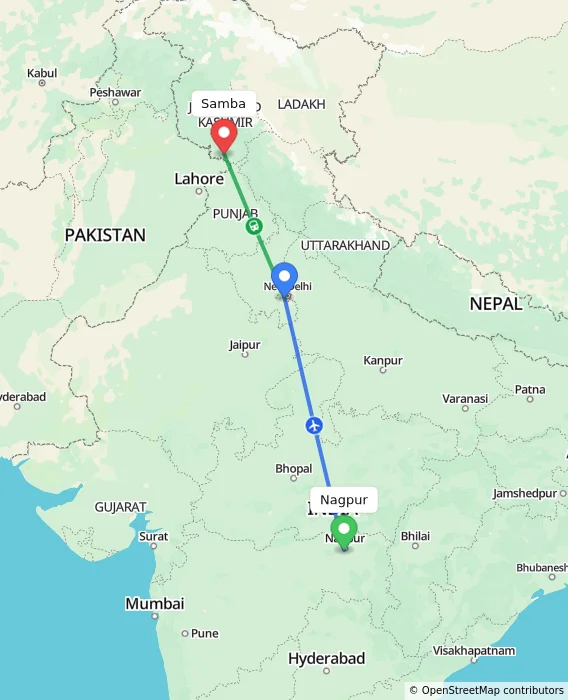 Route map showing distance and travel time from Nagpur, India to Samba, India