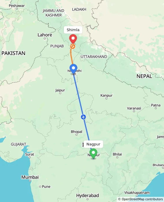 Route map showing distance and travel time from Nagpur, India to Shimla, India