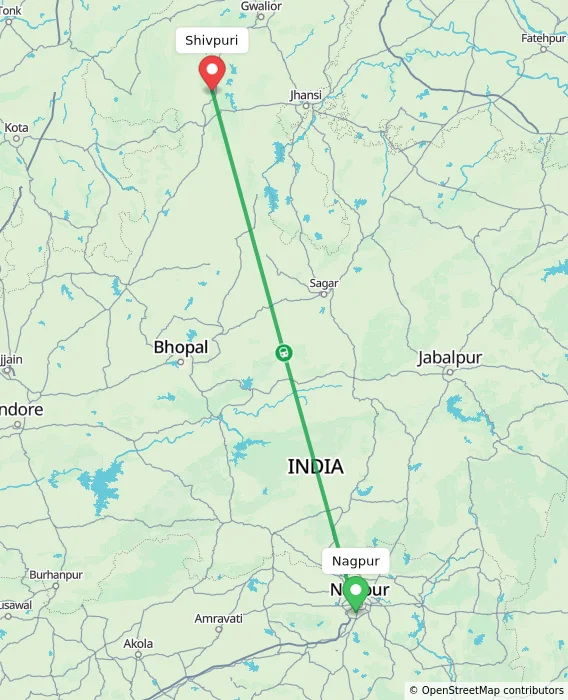Route map showing distance and travel time from Nagpur, India to Shivpuri, India