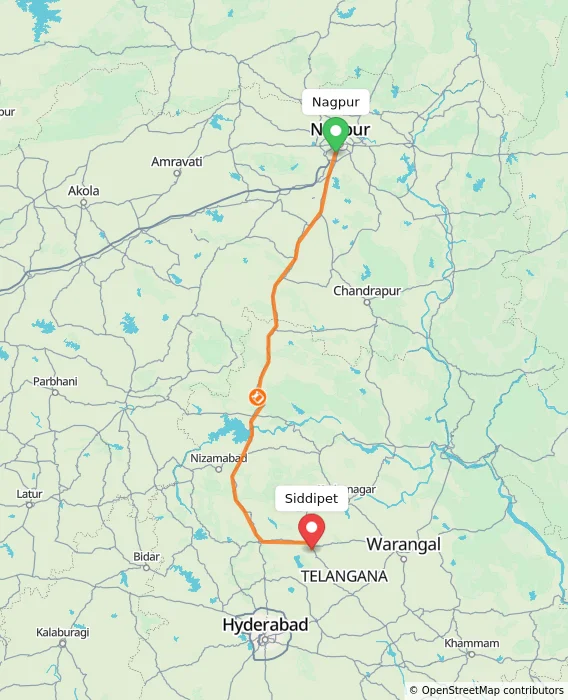 Route map showing distance and travel time from Nagpur, India to Siddipet, India